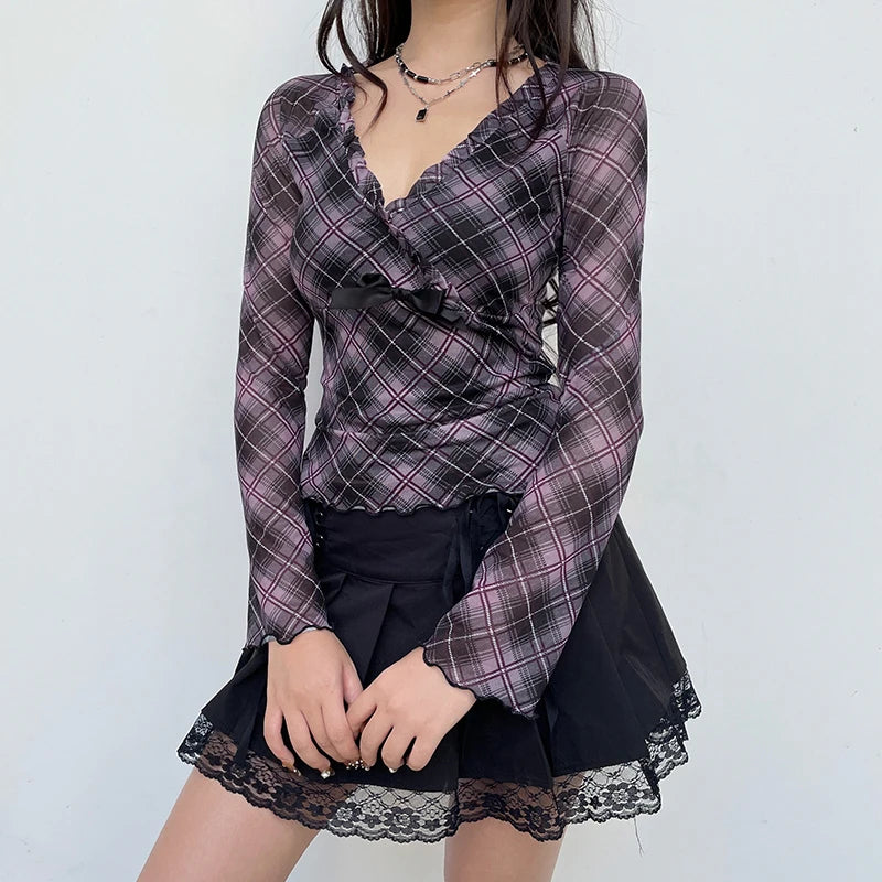 Plaid Ruffle Trim Blouse