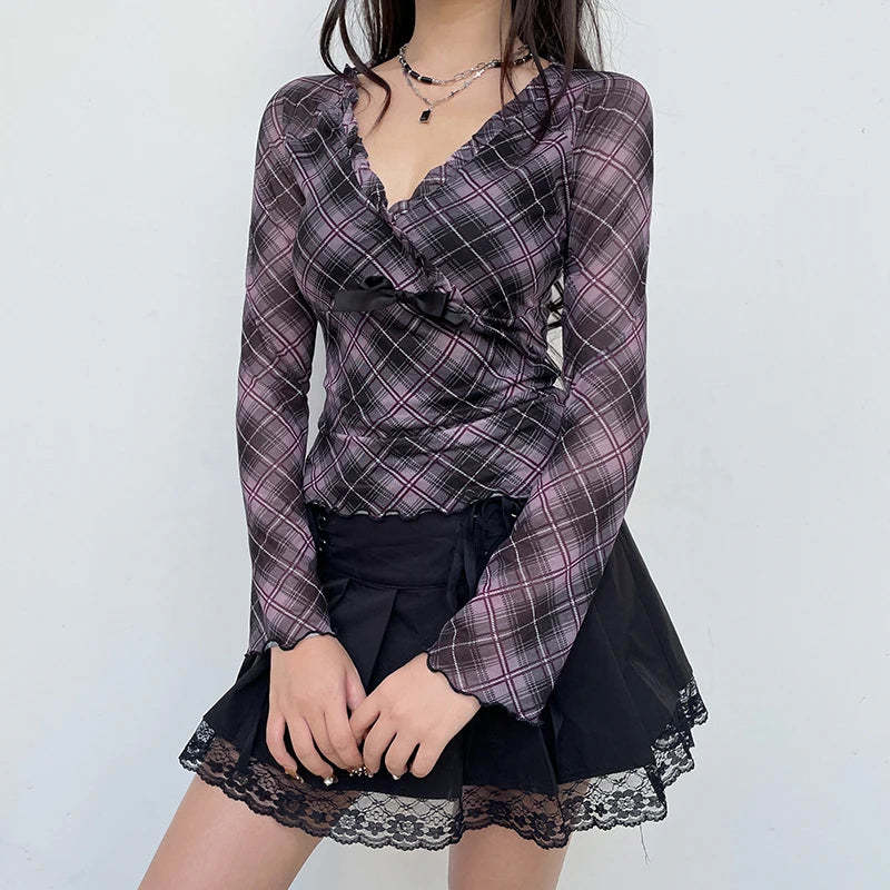 Plaid Ruffle Trim Blouse
