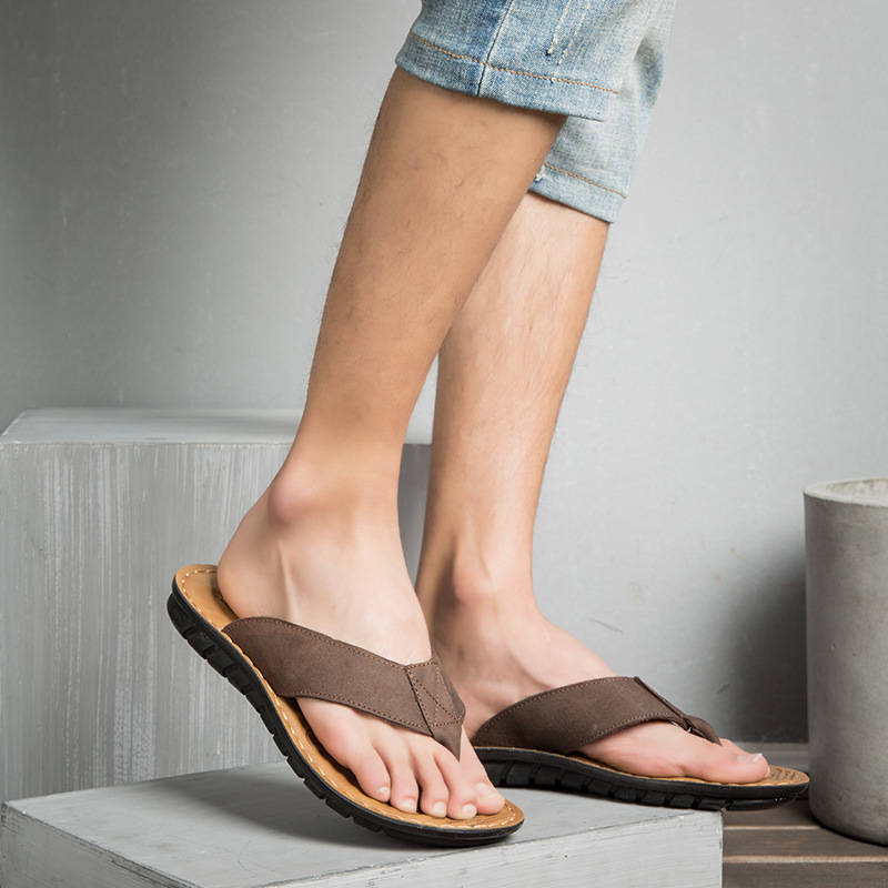 Summer New Men's Casual Leather Sandals Beach Shoes Flip Flops