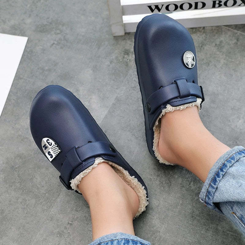 Men Fluffy Plush Slippers PU Winter Mule Clogs