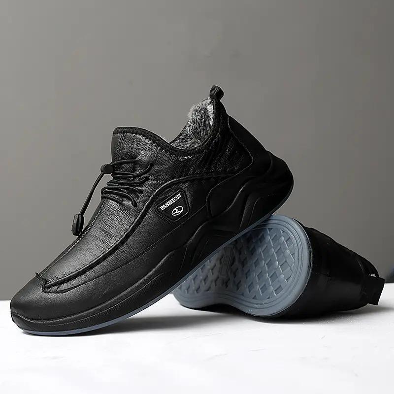 Men's Plush Lining Warm Elastic Lace Non Slip Casual Leather Shoes