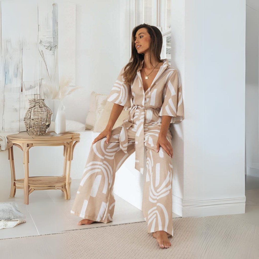  Beige Print Jumpsuit with Belt