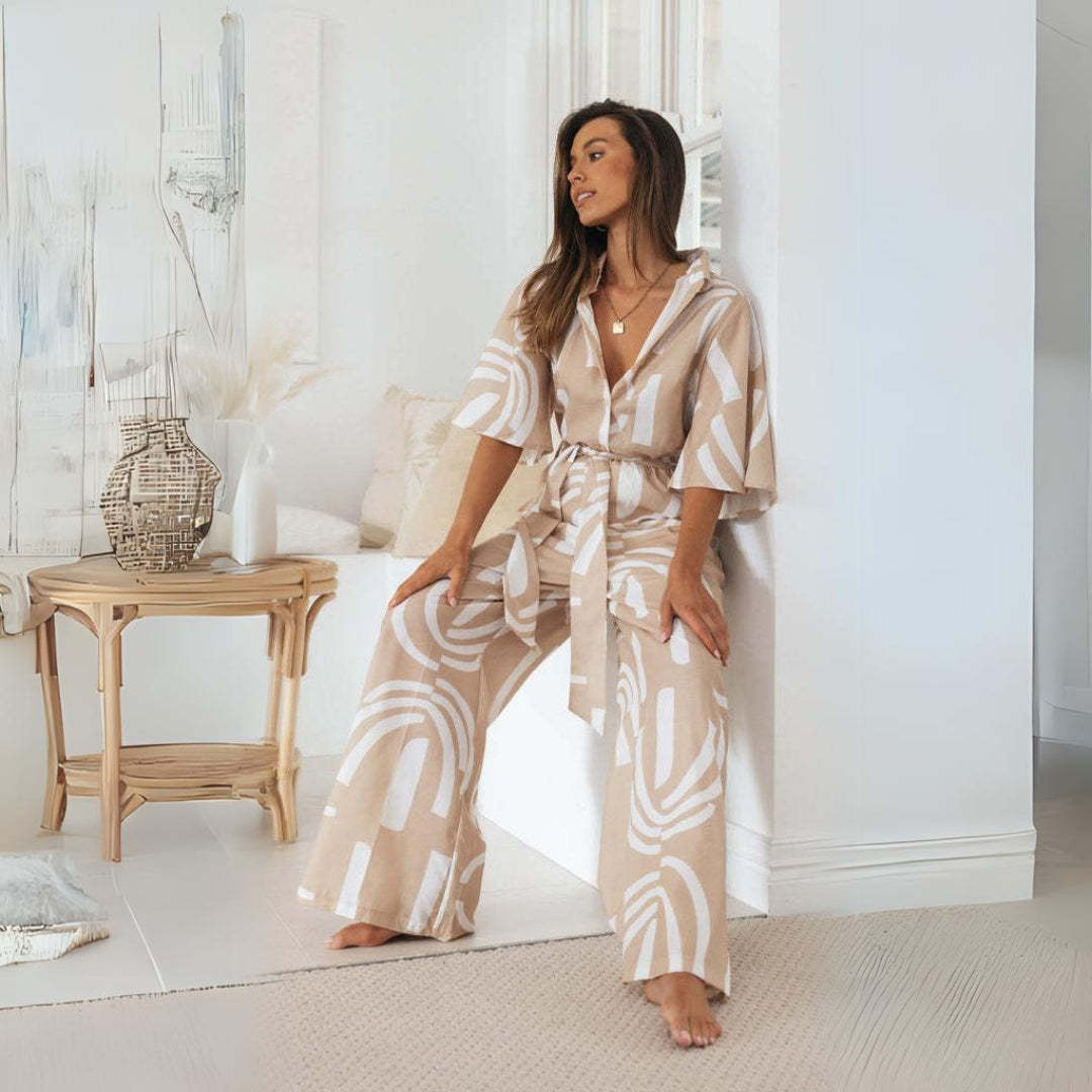 Beige Print Jumpsuit with Belt