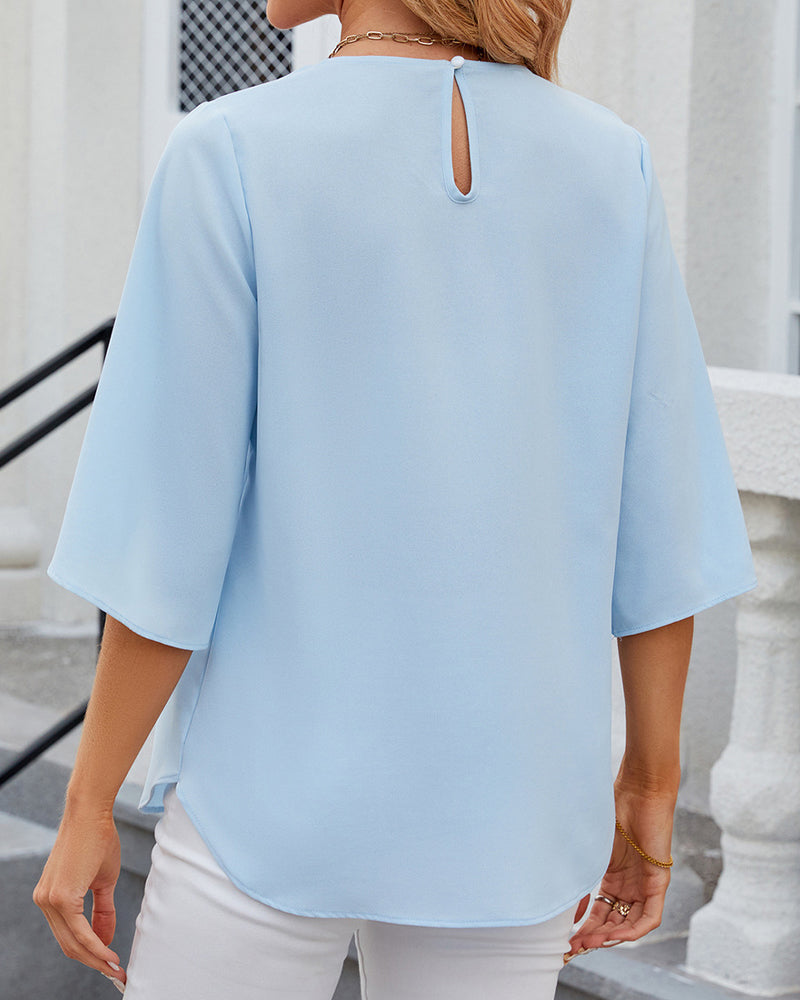 Pleated Neckline Half-Sleeve Blouse