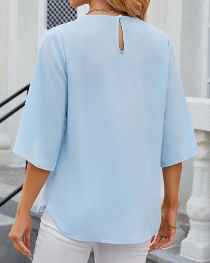 Pleated Neckline Half-Sleeve Blouse