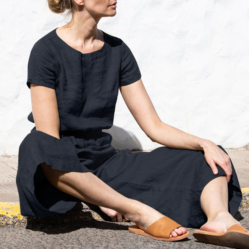 Plain Short Sleeve Linen Jumpsuit
