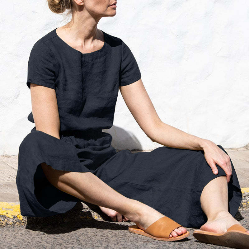 Plain Short Sleeve Linen Jumpsuit