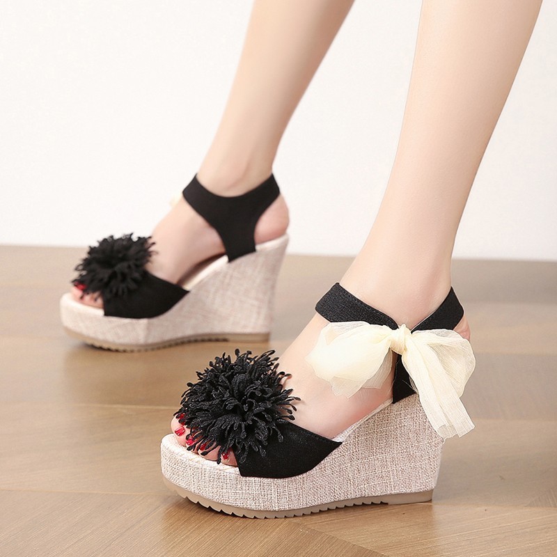 Floral Pattern Bowknot Decor Platform Wedge Sandals