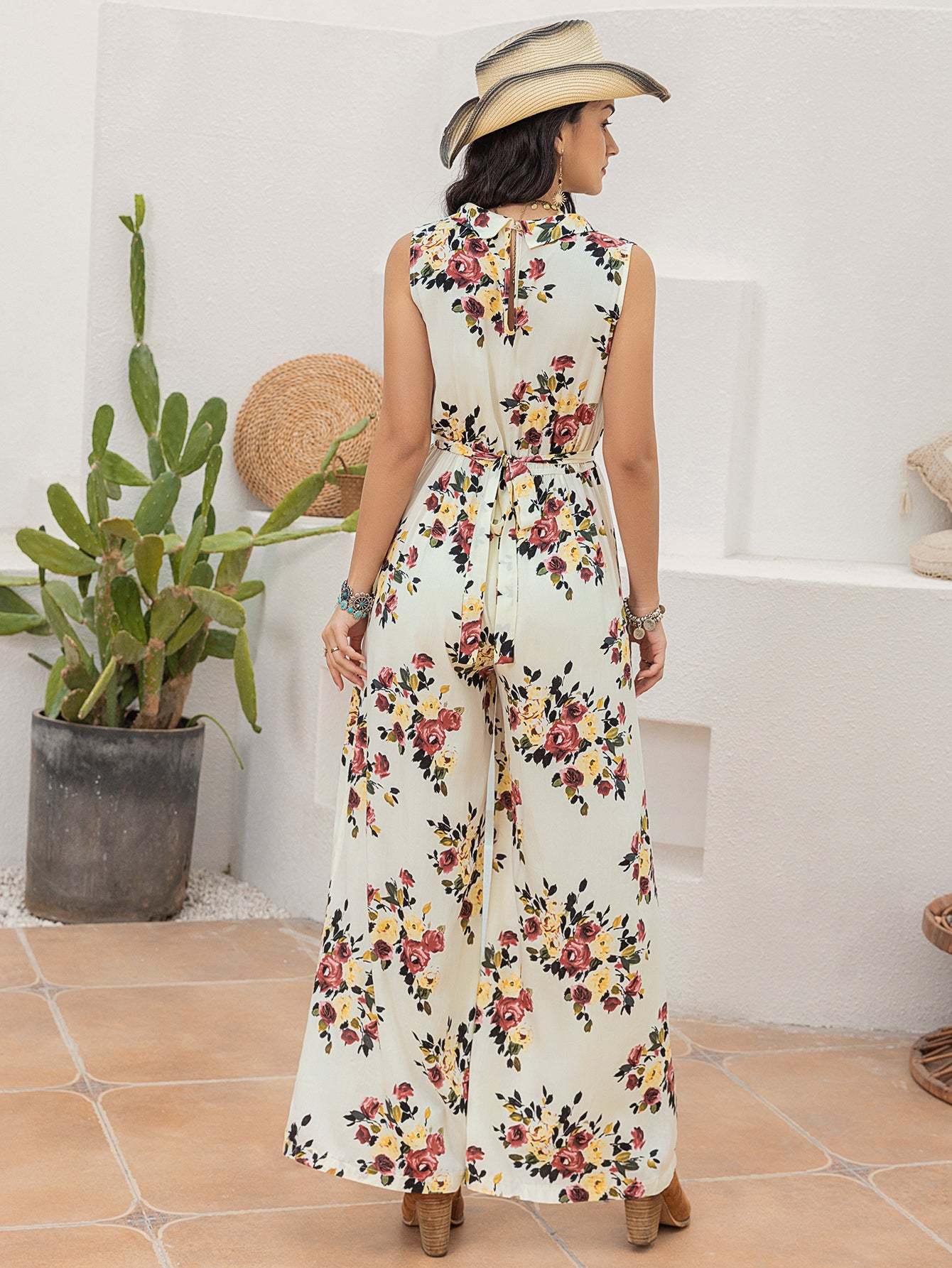 Floral Sleeve Wide-Leg Jumpsuit