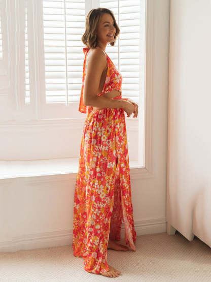 Floral Halter Split Dress