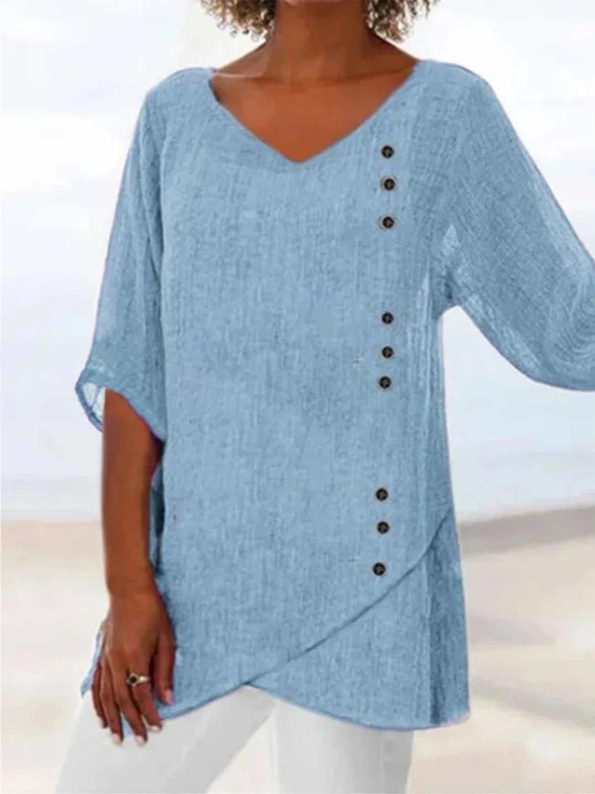 Blue Casual Graphic Tops V Neck Half Sleeve Solid Blouse