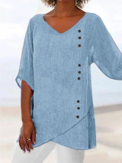 Blue Casual Graphic Tops V Neck Half Sleeve Solid Blouse