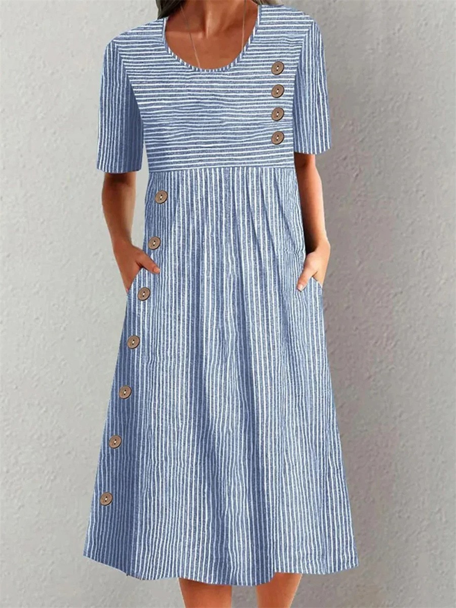 Sleeve Comfy Casual Striped Crew Neck Midi Dress