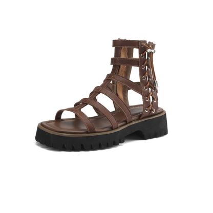 Gladiator Sandals Women Cow Leather Platform Shoes Drawstring Side Zip