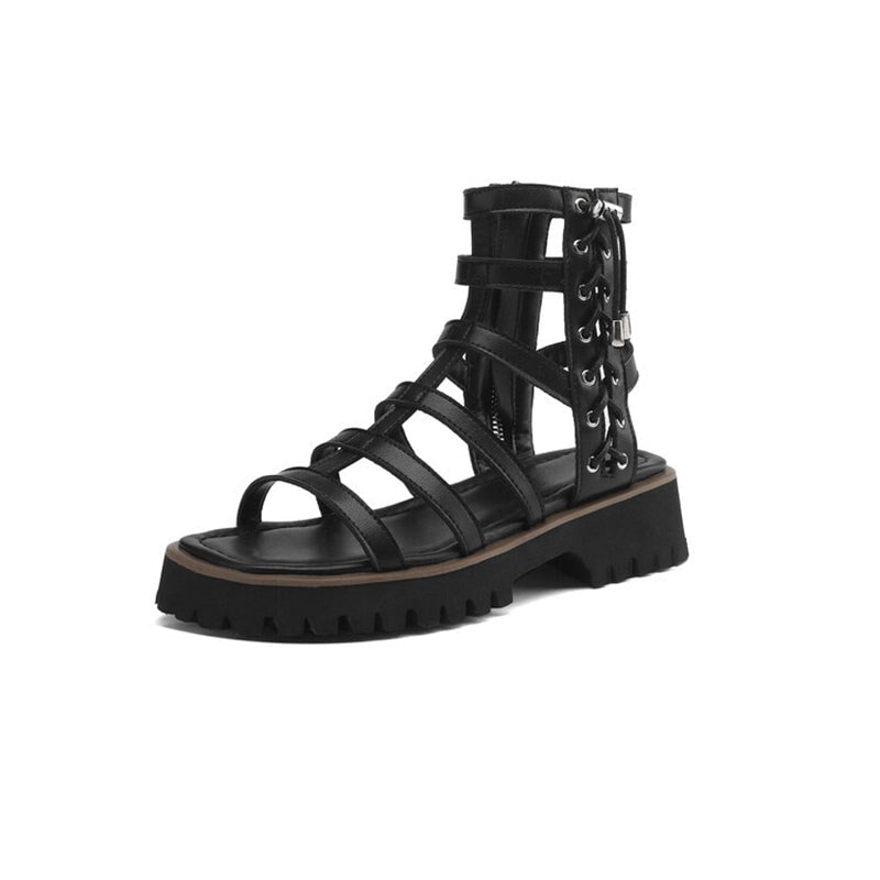 Gladiator Sandals Women Cow Leather Platform Shoes Drawstring Side Zipper Closure Summer Ladies Shoes Handmade