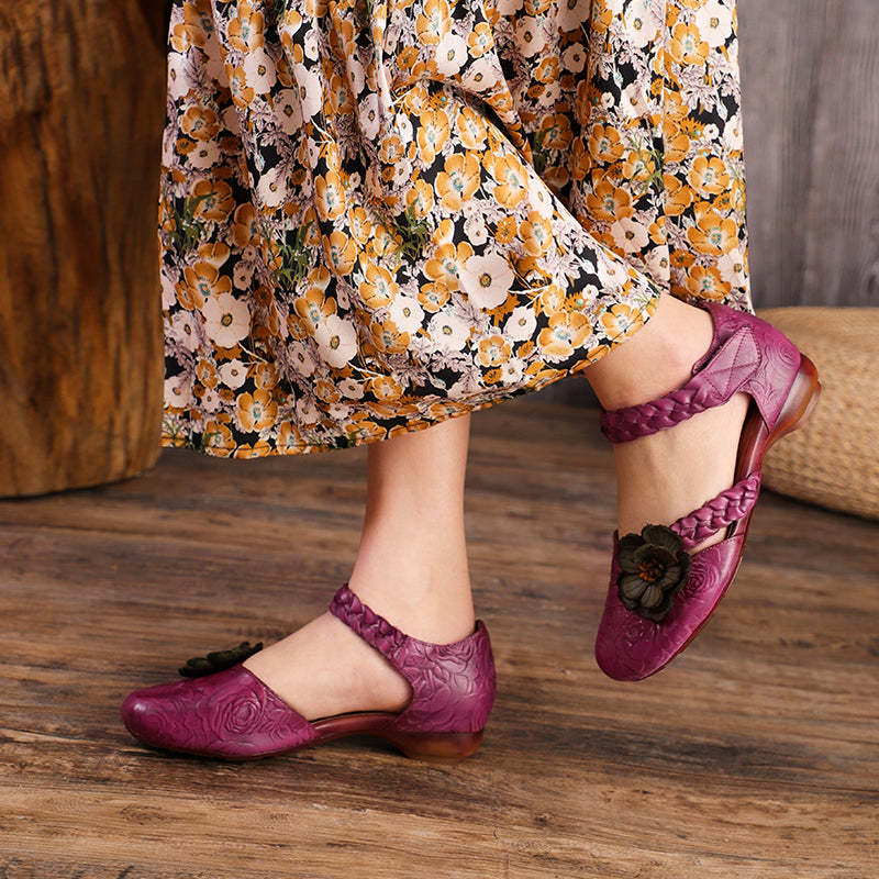 Woven Leather Flat Mary Janes in Grey/Purple
