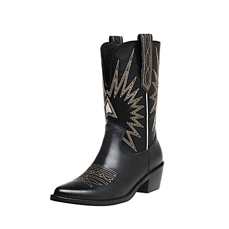 Womens Western Boots Mid Calf Contrast-stitching Cowboy Boots- Black/W
