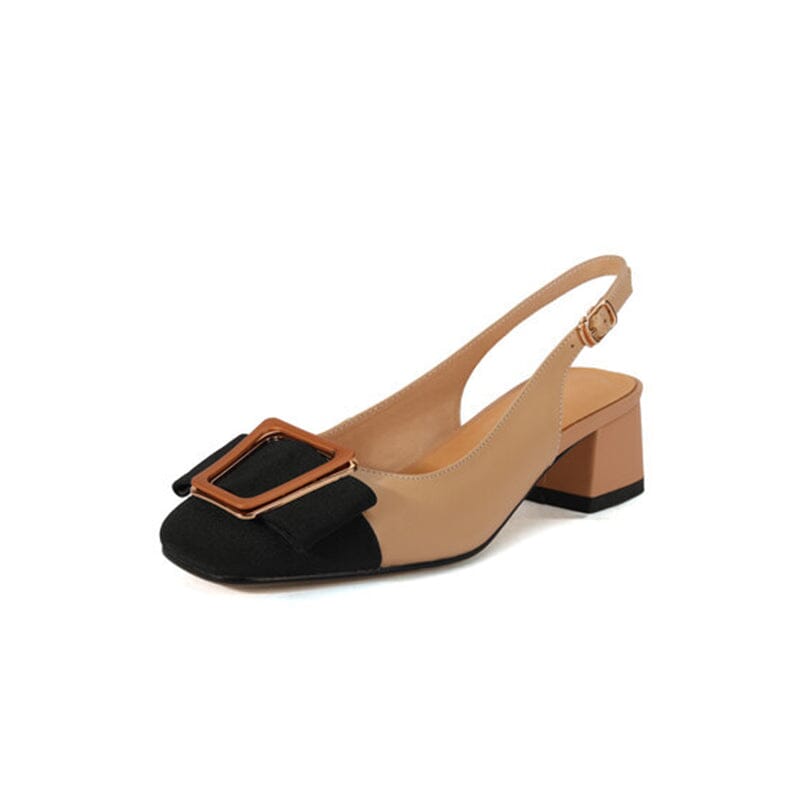 Leather Block-Heel Slingbacks Office Shoes in Apricot/Beige