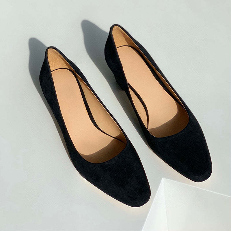 Handmade Suede Leather Retro Square Toe Heels Pumps Women Shoes Block