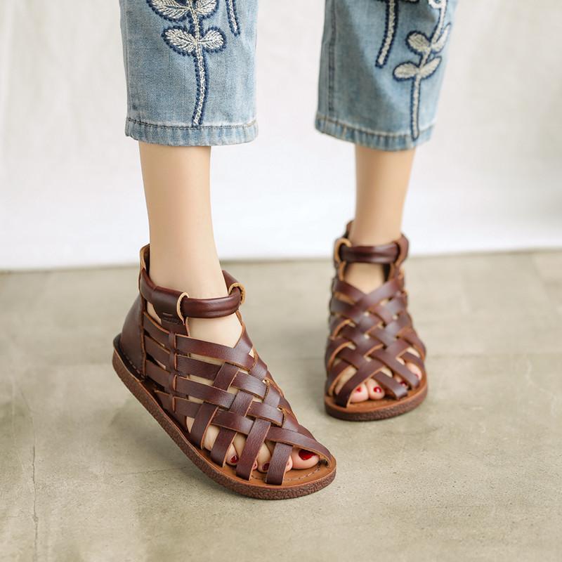 Handmade Leather Gladiator Sandals Retro Woven Open-toe Flat Shoes