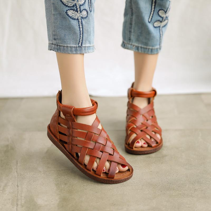 Handmade Leather Gladiator Sandals Retro Woven Open-toe Flat Shoes