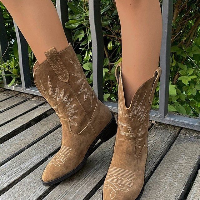 Women's Boots Cowboy Boots Plus Size Cowgirl Boots Outdoor Daily Solid Color Mid Calf Boots Winter Embroidery Block Heel Pointed Toe Vintage Fashion Casual Suede Loafer Black Khaki