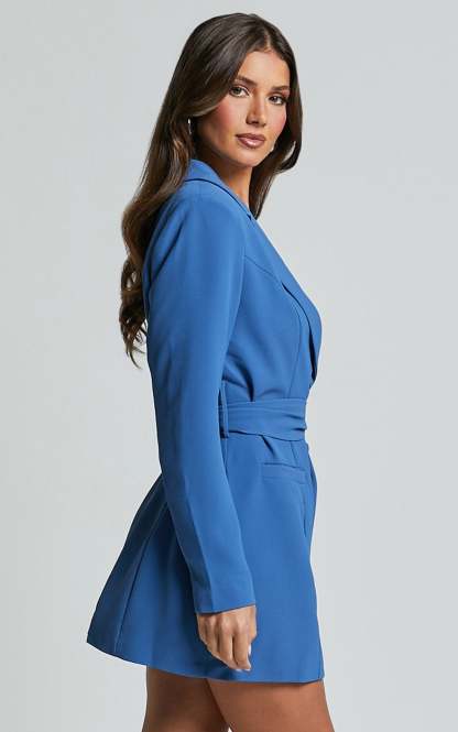 Blue Belted Blazer Dress