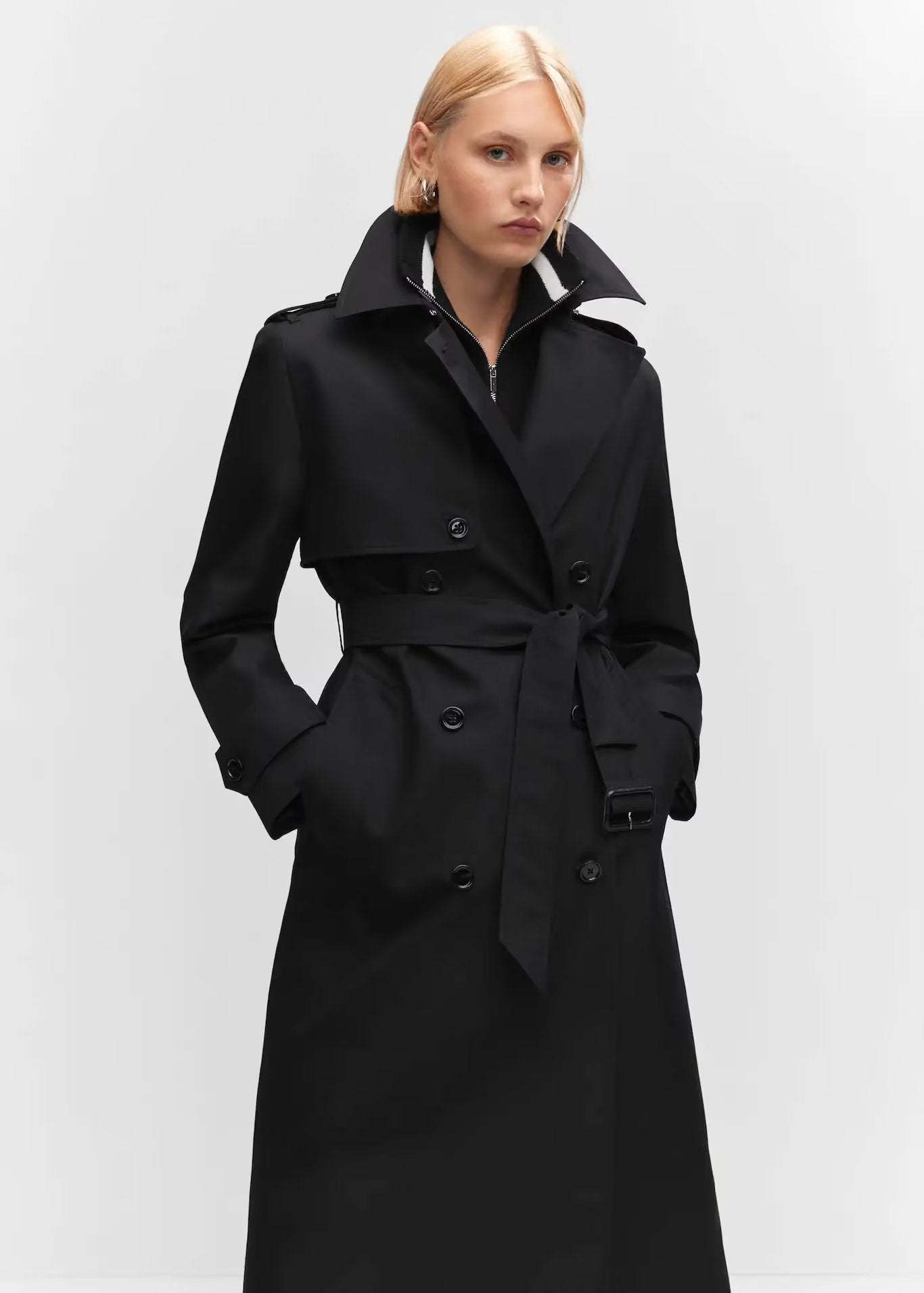 Women's Black Breasted Trench Coat