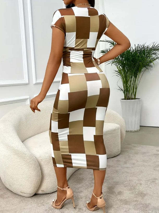 Checkered V-neck Midi Dress