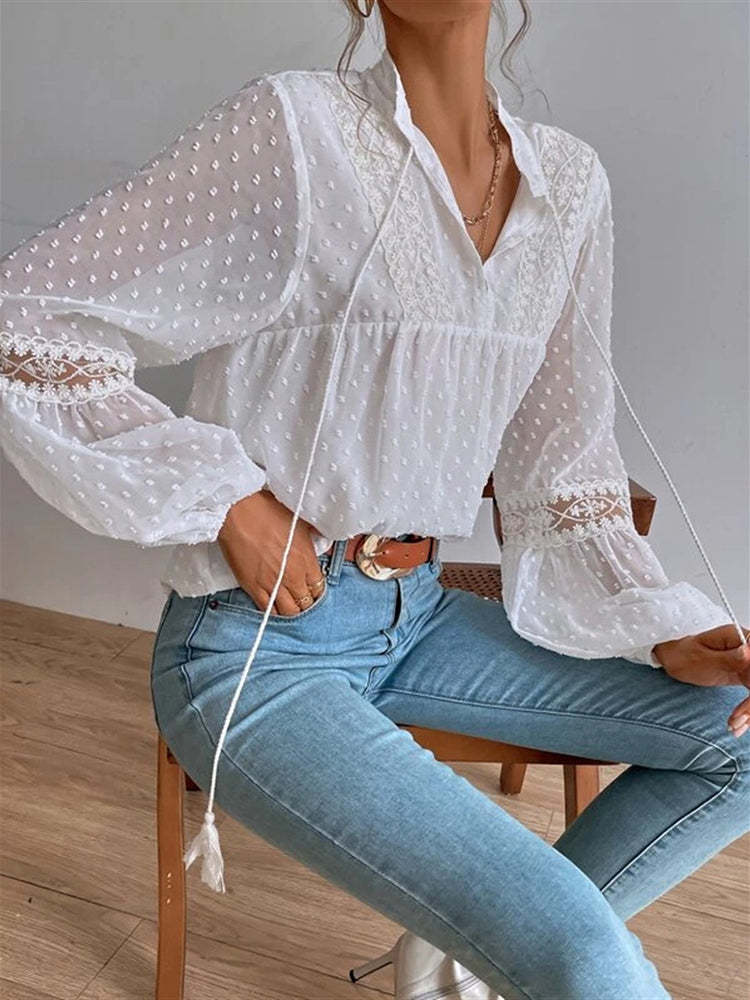 Lace blouse with long sleeves and V-neck