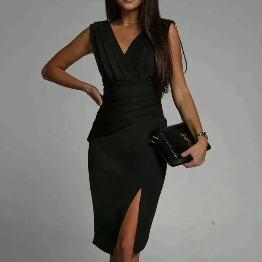  V-Neck Slit Midi Dress