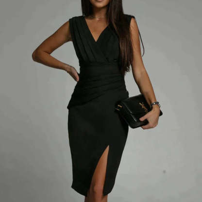  V-Neck Slit Midi Dress