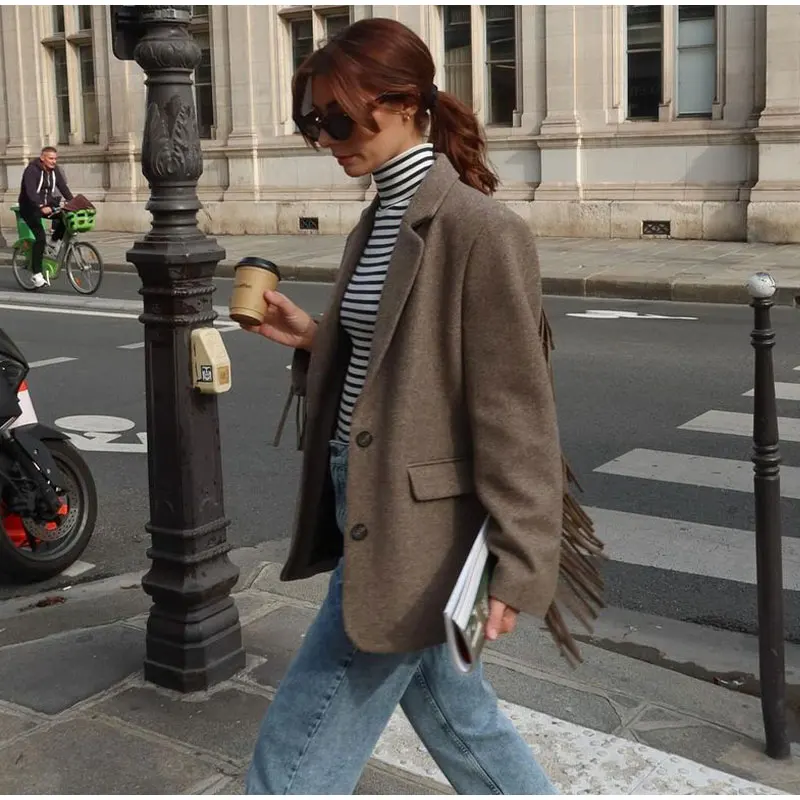 Fringe Accent Wool Blend Blazer