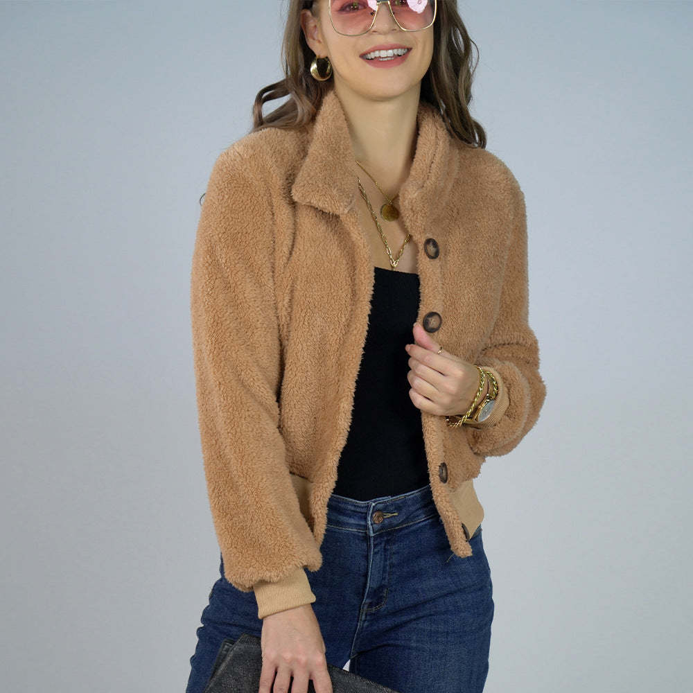 Cozy Cropped Teddy Bear Fleece Jacket