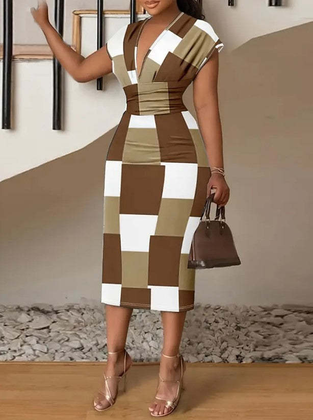Checkered V-neck Midi Dress