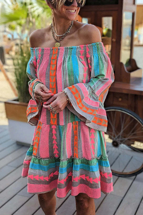 Women's Ethnic-print Off-Shoulder Mini Dress with Vibrant Patterns