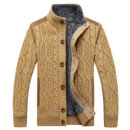 Knitted Cable Cardigan With Plush Inner Lining