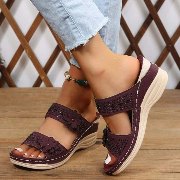 Zealbonn™ Floral Leather Wedge Platform Orthopedic Sandals