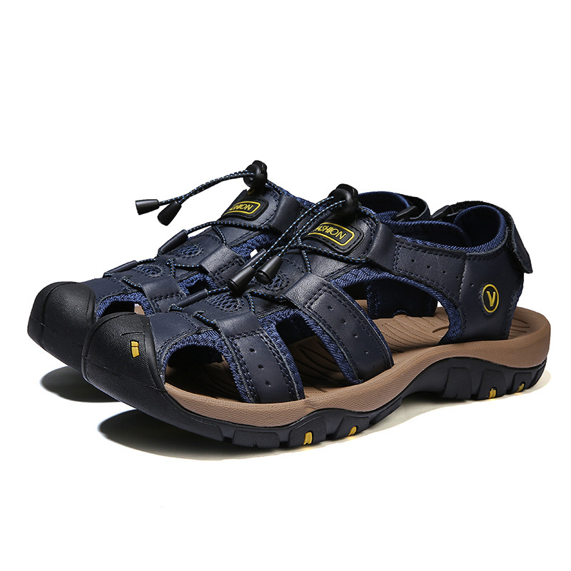 Men Summer Beach Leather Sandals Closed Toe Hollow out Breathable Shoes