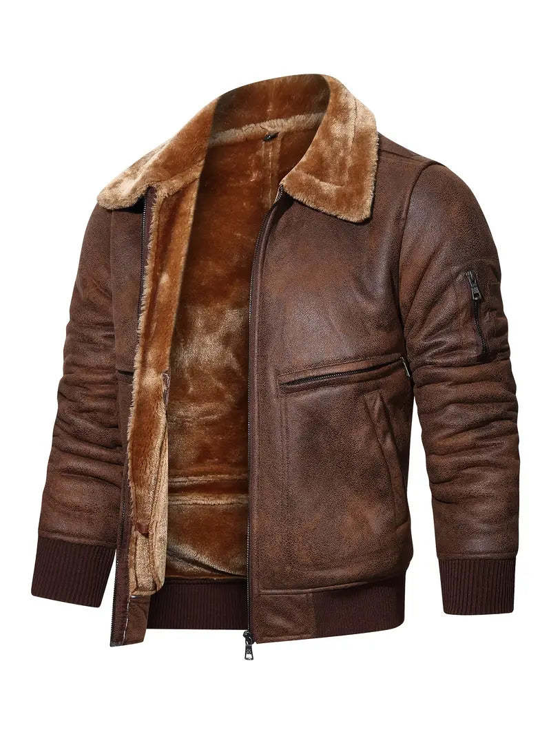Vegan Leather Jacket with Shearling Collar