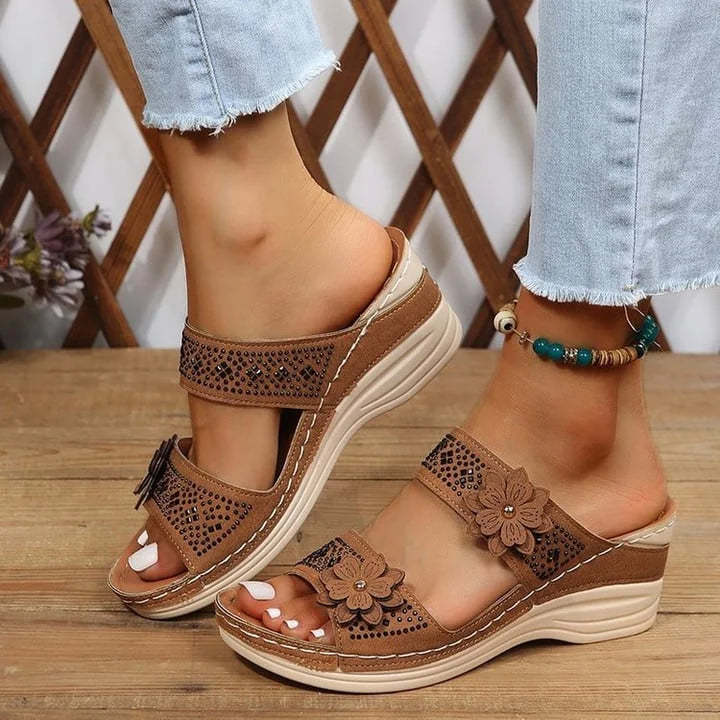 Zealbonn™ Floral Leather Wedge Platform Orthopedic Sandals