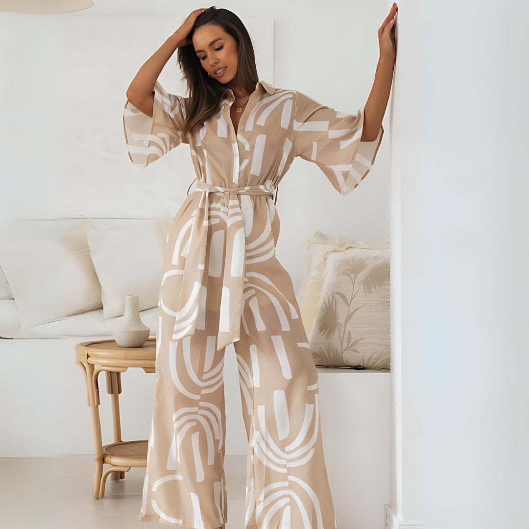Beige Print Jumpsuit with Belt