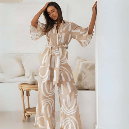  Beige Print Jumpsuit with Belt
