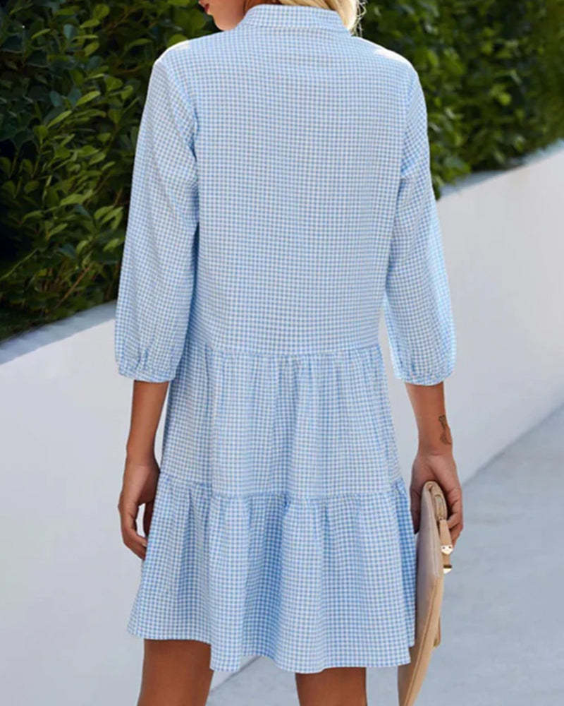 Elegant Checkered Tiered Shirt Dress