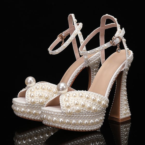 Women's Wedding Shoes Pearl Wedding Sandals Bridal Shoes Elegant Peep Toe Platform Flare Heel Shoes