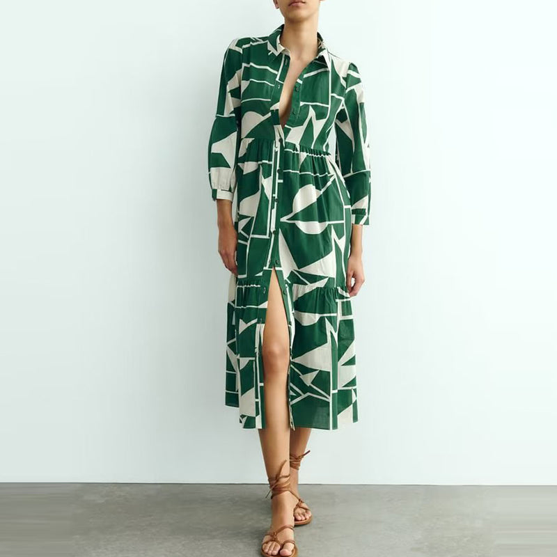 Geometric Bloc Print Long Shirt Dress