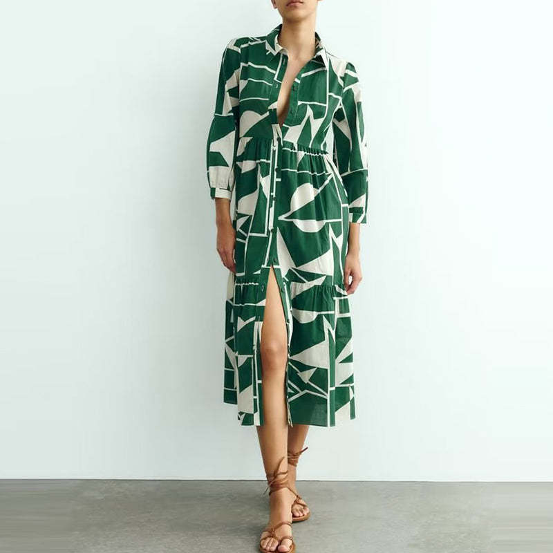 Geometric Bloc Print Long Shirt Dress