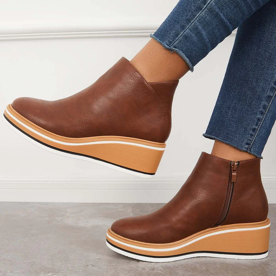 Casual Wedge Sneakers Side Zipper Platform Wedge Ankle Boots