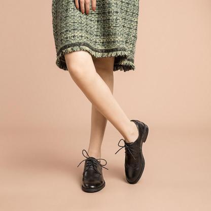 Women Wingtip Shoes Handmade Sheepskin Full Brogues Oxfords & Tie Low Heel Elegant Brown/Black (better suited for thin feet)