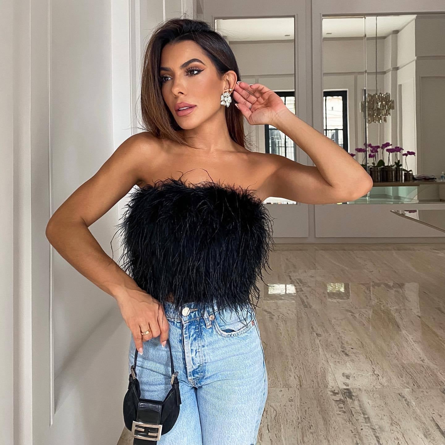 Strap Top With Imitation Feathers